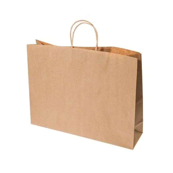 A Kraft Boutique Paper Carry Bag, featuring a plain brown design and two twisted handles, is displayed upright against a white background, appearing empty.