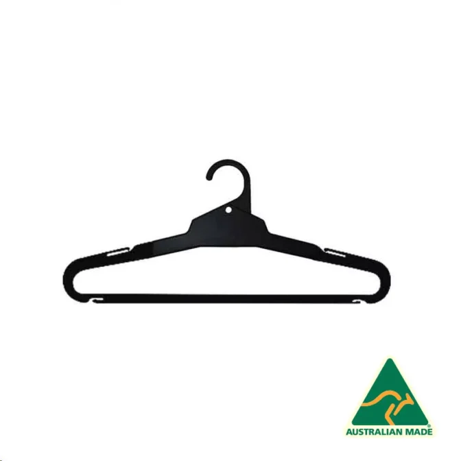 The 430mm Black Adult Longlife Shirt Hanger with Bar, made from plastic, displays a triangular Australian Made logo in the bottom right corner. This clothes hanger is equipped with notches for straps and a hook at the top, making it ideal for keeping your wardrobe organized.