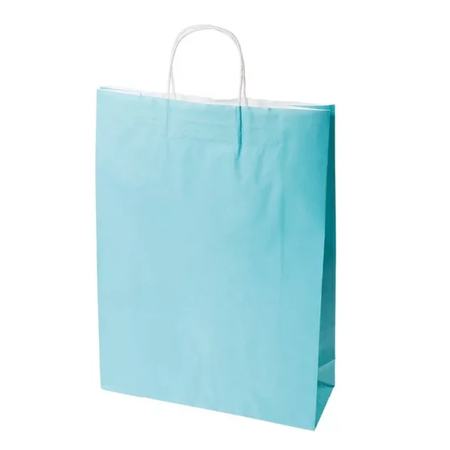 The Midi Beach Blue Paper Carry Bag, featuring elegant white handles, stands proudly upright against a pristine white background.