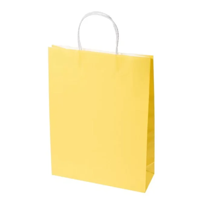 The Midi Sunny Yellow Paper Carry Bag with white handles is positioned upright against a pristine white background, exuding a cheerful vibe.