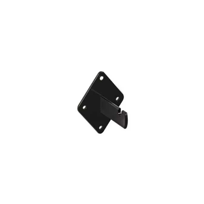 Introducing the Black Mesh Mounting Bracket, crafted from black metal and designed to securely fasten objects using four screw holes. It incorporates an extended arm with a hook-like end for convenient item hanging, and its sleek mesh design creates a striking contrast against a plain white background.