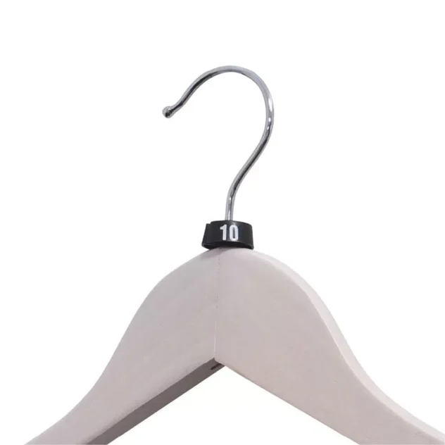 Featuring a classic wooden hanger with a metal hook and embellished by a small black plastic ring labeled as Size 10, this elegant piece stands against a plain white background. The Size 10 Classic Size Markers offer both style and practicality, providing precision and ease in organizing your wardrobe.