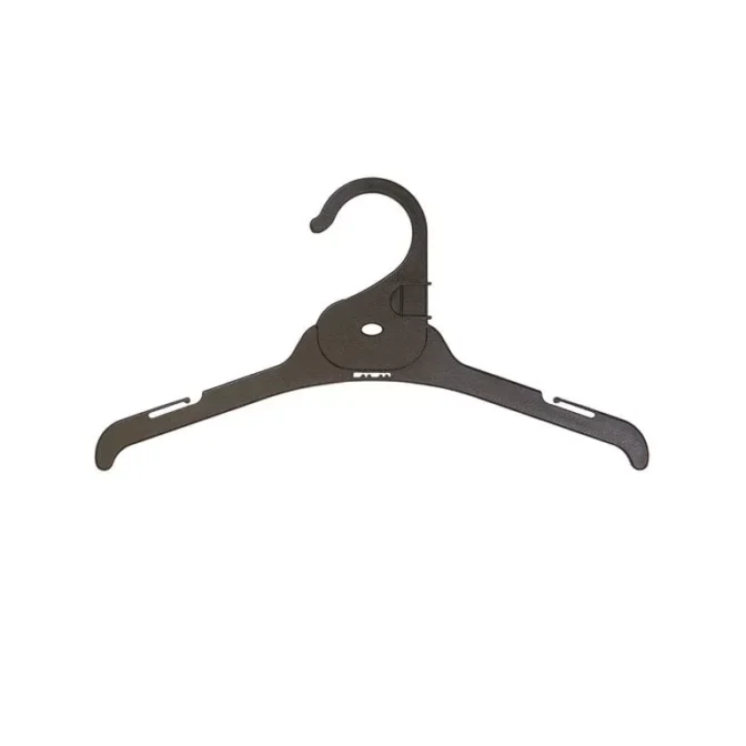 A 300mm Black Slimline Shirt Hanger, featuring a large rounded hook and two slanted arms, is set against a plain white background. The sleek design includes grooves near the ends for effortlessly securing clothing straps.