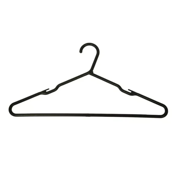 The 425mm Black Rod Form Shirt Hangers feature a sleek design with a black rod shape, a hook at the top, and side notches, expertly crafted for hanging shirts and other garments.