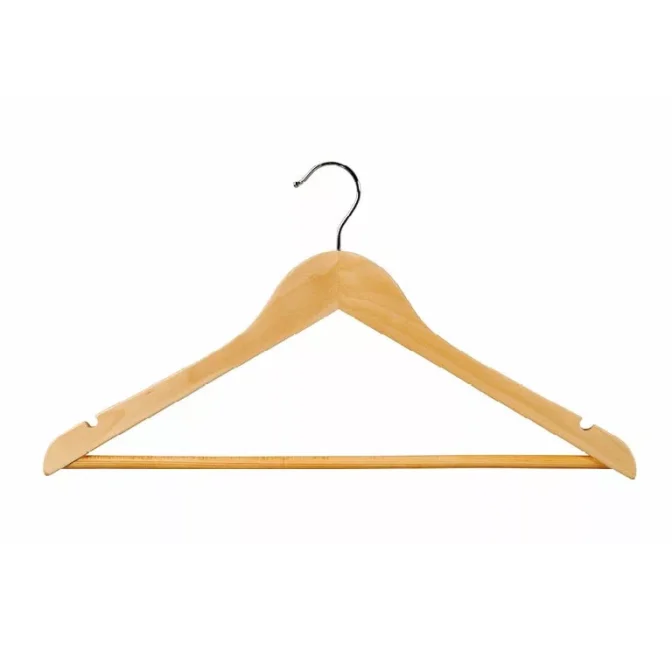 The 440mm Beech Budget Shirt Hangers offer a cost-effective solution with their robust construction from beech wood, featuring a durable metal hook. The design includes a solid horizontal bar for hanging pants or skirts and notches on each shoulder, ideal for holding garments with straps or keeping your shirt hangers organized.