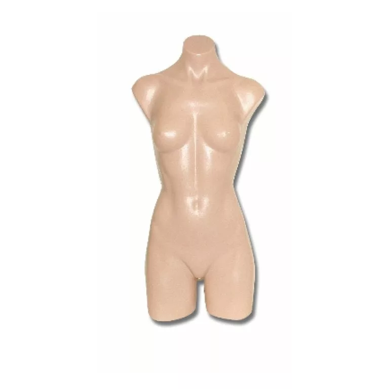 The Skin Female Counterstand Torso, designed in a beige color to mimic natural skin tones, offers an elegant way to display clothing against a plain white background.