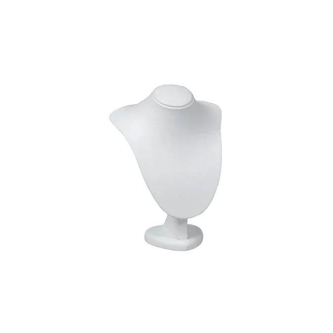 The Medium White Leatherette Bust showcases an elegant, smooth abstract design of a human neck and shoulder, ideal for displaying necklaces. It features a round base and is set against a simple background.