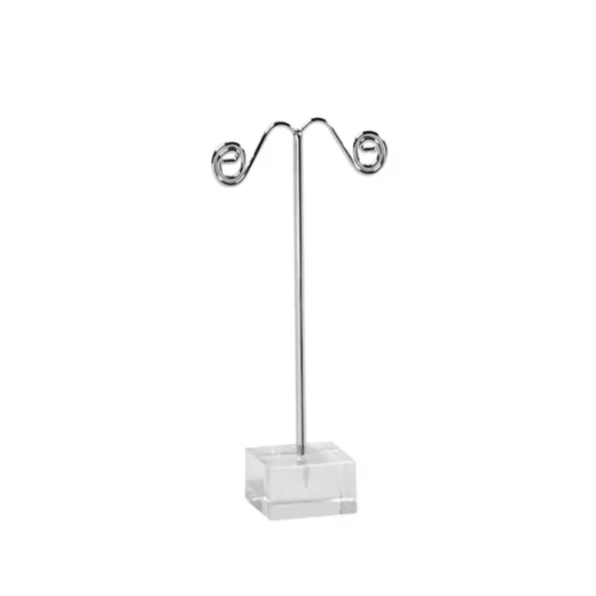 A card holder with two spiral ends gracefully stands upright on a clear acrylic base, resembling the 105mm Earring Stand on Acrylic Base.