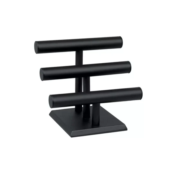 The 3 Tier Black Leatherette Bracelet Display features a rectangular base and three horizontal rods on each tier, perfect for elegantly holding and showcasing jewelry.