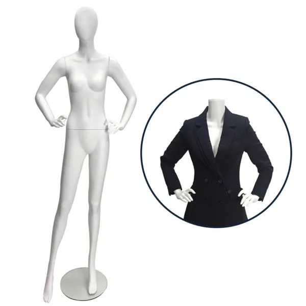 A Portia Multi-Pose Plastic Matte White Female Mannequin with hands on hips stands on a circular base. Beside it, an inset image features a mannequin torso dressed in a black double-breasted blazer, also with hands on hips.