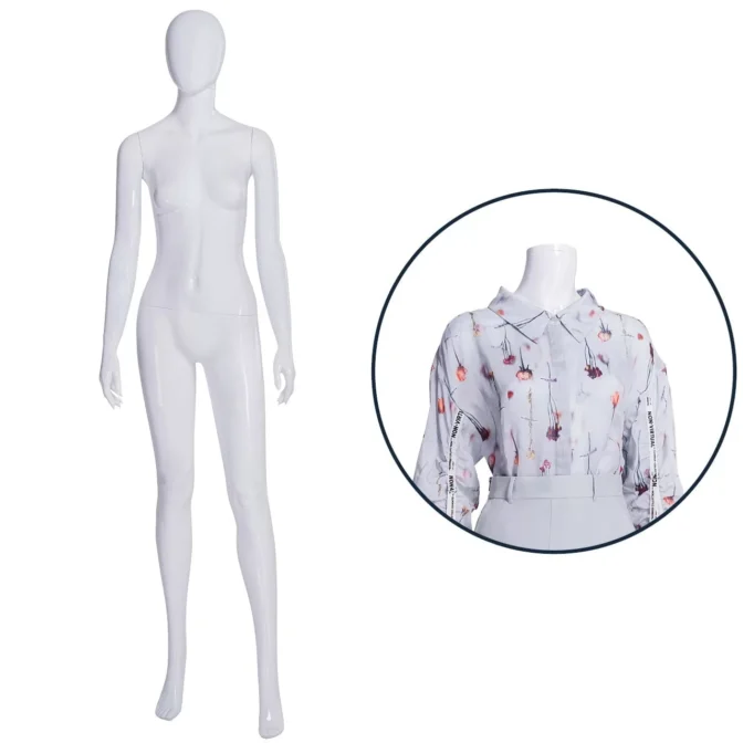 A Patsy Pose 1 Plastic Gloss White Female Mannequin stands with a circular inset highlighting a close-up of a dress adorned with a gray background featuring flowers and arrow patterns. Designed for the modern female, this dress boasts elegant collar and button details.