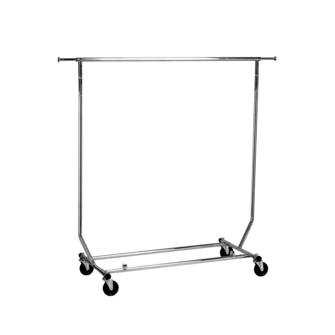 The Single Rail Travellers Rack Chrome is a sleek garment rack with a minimalist design, ideal for travelers. It features a single rail and four black wheels for easy mobility, combining style and functionality.