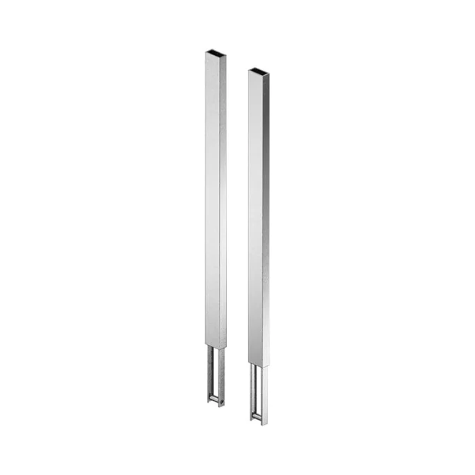 Two tall and slender metallic posts with square cross-sections stand upright in a satin chrome finish, featuring a small base extension at the bottom, against a plain white background. These are the Long Satin Chrome Designer Rack Extensions.