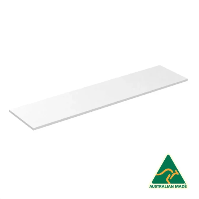 The 290x1200mm White Timber Shelf, a long and white rectangular timber design, is showcased against a plain white background. In the bottom right corner, you'll find a green and yellow triangular Australian Made logo featuring a kangaroo.