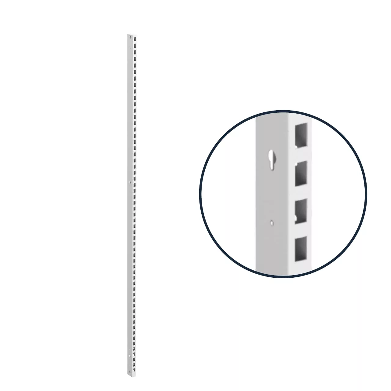 The 2400mm White UniSlot Freestand Post stands tall and slim, showcasing evenly spaced square holes along its metal frame. An enlarged inset on the right highlights a section with extra circular holes next to the square ones, all set against a plain white background.