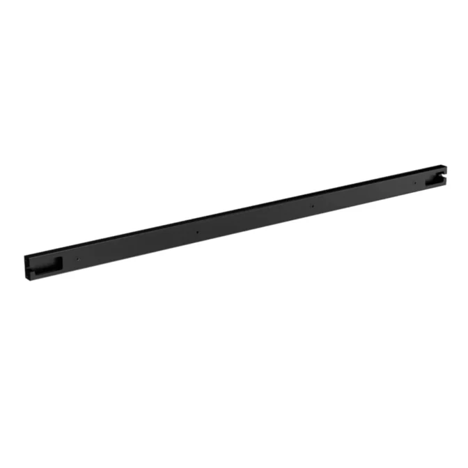 A sleek 1200mm Black UniSlot Cube Cross Beams metal bar with square ends and small holes along its length, designed for mounting or structural support, isolated on a white background.