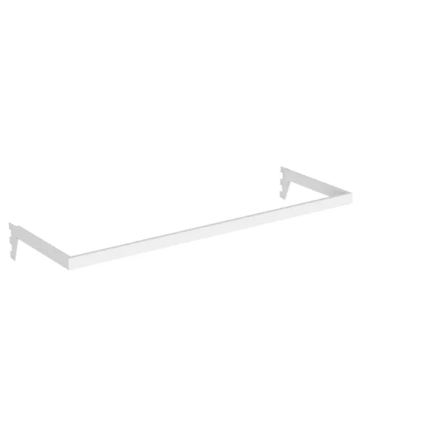 Minimalistic image of the 900mm White UniSlot Hangrail, likely designed for mounting on walls or under surfaces. The design showcases simple right angles and a clean, modern aesthetic set against a plain white background, making it an ideal addition to any hangrail system.
