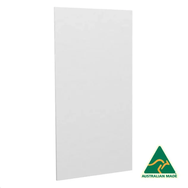 A white, rectangular 600mm White UniSlot Plain Back Panel with a textured surface is shown standing upright. A subtle "600mm White UniSlot" marking adds detail. The bottom right corner features the green and yellow Australian Made logo with a kangaroo.