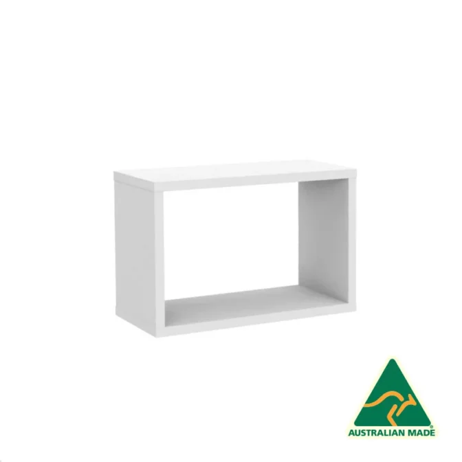 Experience the minimalist elegance of our 600mm White UniSlot Timber Display Box, crafted from premium wood-like material. This versatile piece is perfect for showcasing your treasures and features the green and yellow Australian Made kangaroo logo at the bottom right.