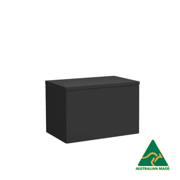 A 600mm Black UniSlot Timber Drawer Unit with a lid is positioned against a white backdrop. In the bottom right corner, there is a small green and gold triangle logo featuring a stylized kangaroo that reads Australian Made.