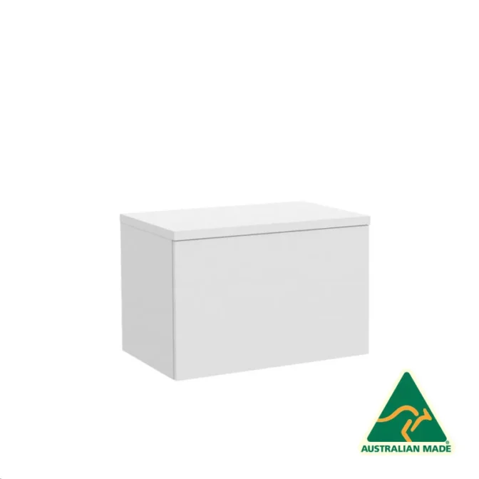 The 600mm White UniSlot Timber Drawer Unit is a rectangular, wall-hung vanity cabinet with a minimalist design. It features UniSlot technology and proudly displays the Australian Made logo, showcasing a green kangaroo on a yellow triangle in the bottom right corner.