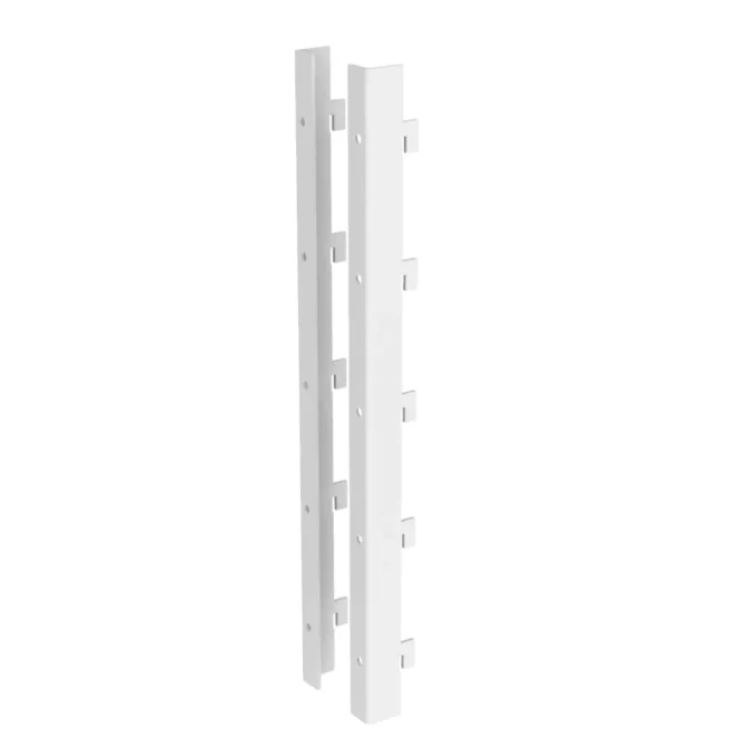 The White UniSlot Box/Drawer Mount Bracket Set includes two white metal brackets with uniformly spaced notches, arranged vertically side by side on a simple white backdrop, ideal for box or drawer mount applications.