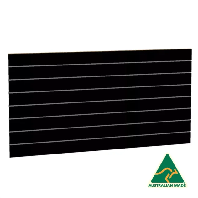 This sleek 150mm Centres Black Slatwall Wallmount Panel, characterized by its black rectangular design with horizontal lines, proudly displays the distinctive green and yellow Australian Made logo in the bottom right corner.