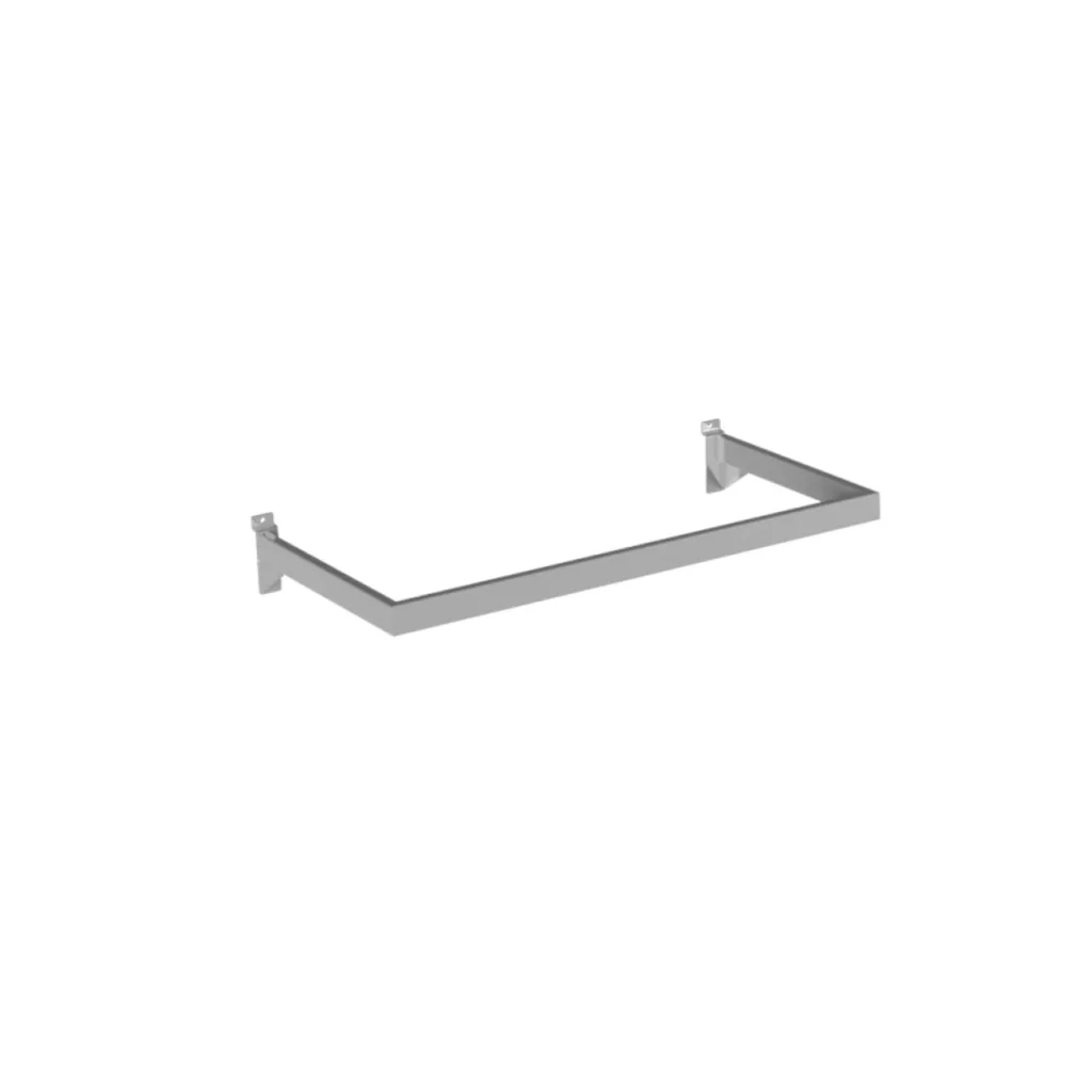 A sleek, modern 600mm Chrome Slatwall Hangrail is mounted on a white wall. Its rectangular design features clean lines, providing a minimalist look perfect for any bathroom or kitchen setting.