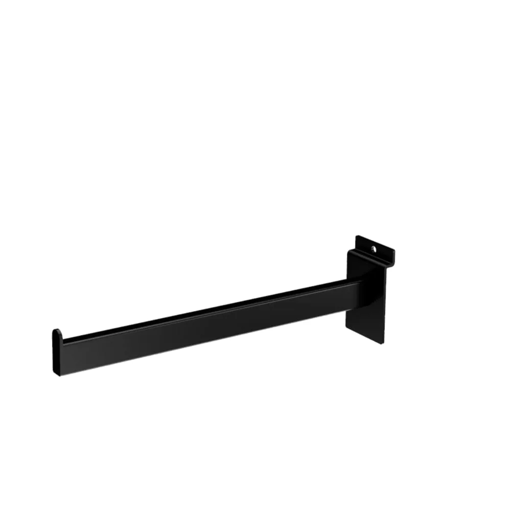 The 300mm Black Slatwall Straight Arm is a black metal wall bracket extending from a rectangular base, making it ideal for mounting or hanging tasks. Its sleek design complements any Black Slatwall décor and stands out against a plain white background.
