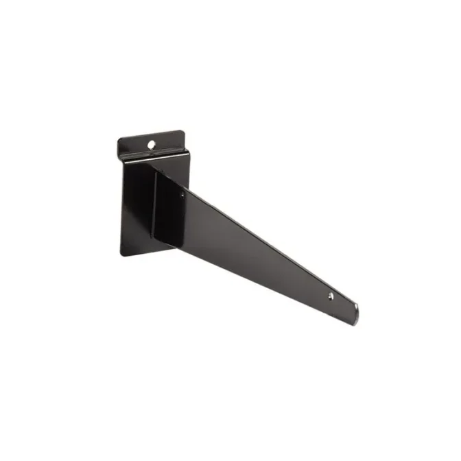 This sleek 250mm Black Slatwall Shelf Bracket is designed with a black metal construction, featuring an angled support arm that extends outward and includes two screw holes for mounting.