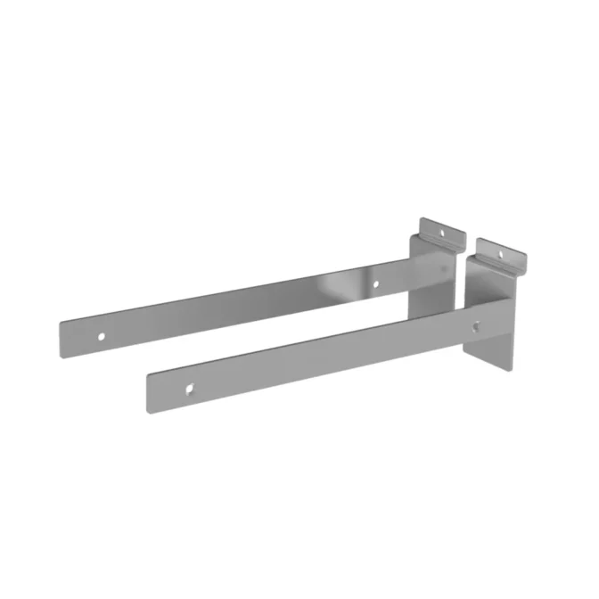 Introducing the Slatwall End Mount Shelf Bracket Set in Chrome: a sleek, minimalistic shelf support with two parallel horizontal arms and convenient mounting holes. Its polished surface is perfect for supporting shelves or other items.