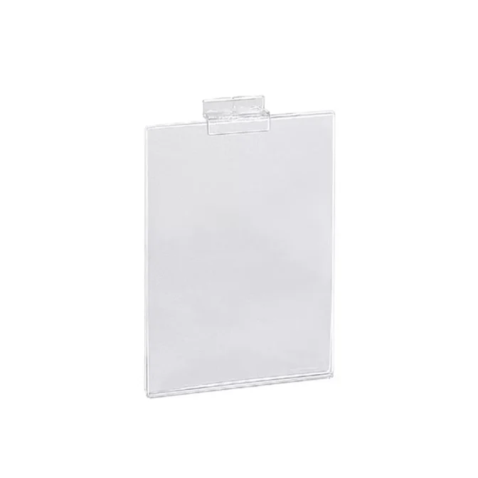 Introducing the A5 Portrait Slatwall Card Holder: a clear, rectangular acrylic display stand featuring a hinged top clip, ideal for showcasing signs or documents in optimal view. The holder is presented against a plain white backdrop.