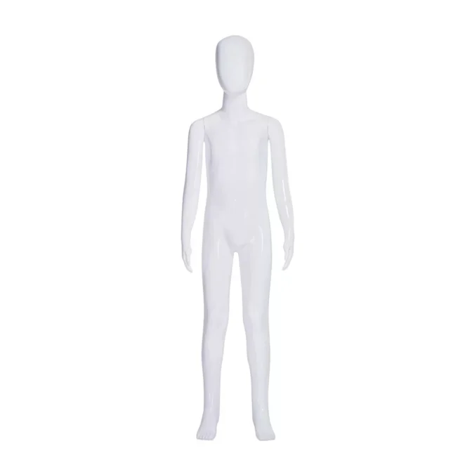 A Perry 12YO Plastic Gloss White Child Mannequin stands upright on a plain white background, featuring a smooth and featureless surface, devoid of any clothing or facial features.