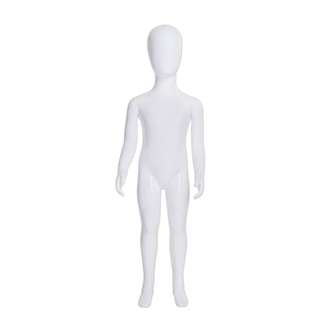 The Piper 4YO Plastic Gloss White Child Mannequin stands upright, featuring a smooth, featureless surface devoid of any facial details. This mannequin is presented in a neutral pose with its arms resting at its sides and legs slightly apart.