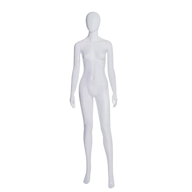 The Patsy Pose 1 Plastic Gloss White Female Mannequin is standing upright with its arms slightly away from its sides, against a plain white background. This featureless mannequin has a blank face and a gloss white finish.