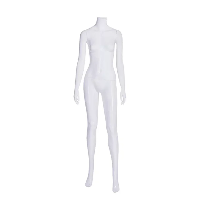 A Patsy Pose 1 Plastic Gloss White Female Mannequin is displayed elegantly with arms gently bent and feet positioned together against a simple white backdrop.