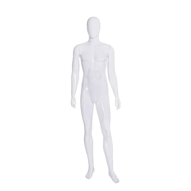 A full-length image of the Percy Plastic Gloss White Male Mannequin standing upright. It features a smooth, featureless face and realistic body proportions, with its arms at its sides and legs slightly apart.