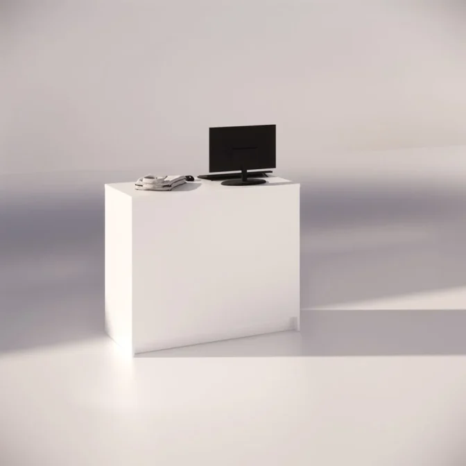 A minimalist setting featuring a white pedestal with a black monitor and a gray telephone. The background is plain and softly lit, casting subtle shadows.