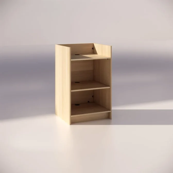 A wooden cabinet with three open shelves is displayed against a neutral background.