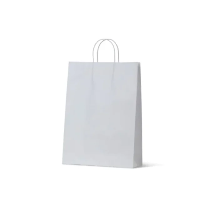 The Midi White Paper Carry Bag, featuring two sturdy handles, stands upright against a pristine white background.