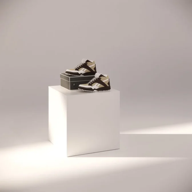 A pair of stylish high-top sneakers in a black, white, and beige color scheme sits atop a White Small Square Display Pedestal 600mm on a black shoebox. The setup is illuminated by soft lighting, casting gentle shadows on the floor.