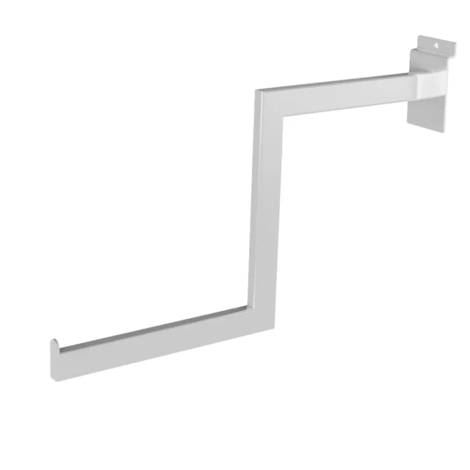 Introducing the 400mm White Slatwall Stepped Arm: a strong silver metal Z-shaped bracket complete with a wall mounting plate and an end hook, specially crafted for hanging items on your White Slatwall system.