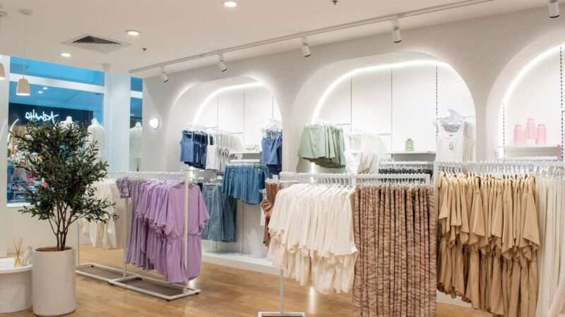 A clothing store interior featuring racks of neatly arranged clothes in pastel colors. The room, a product of successful brand partnerships, boasts wooden flooring, white walls, and subtle lighting with a potted plant for decoration.