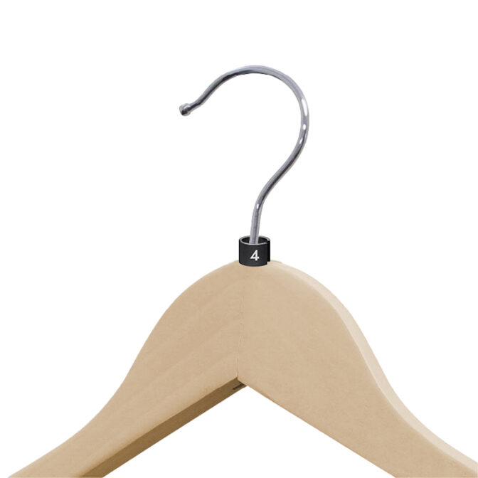 A wooden coat hanger with a metal hook is elegantly displayed against a plain white background. The hook features the stylish Size 4 Mini Size Markers in the form of a small black ring, providing easy identification.