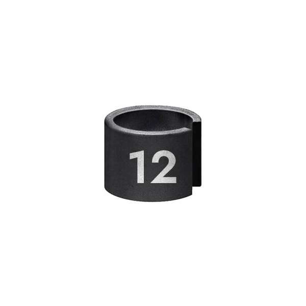 A cylindrical, dark gray metal object with the number 12 printed in white. The object features a notch on its side, possibly indicating its function as a size marker or a part of a mechanical component.