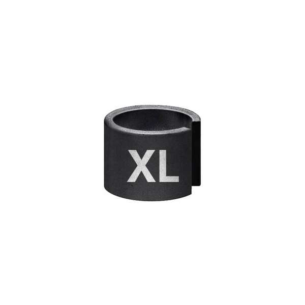 A black plastic ring sizer with XL printed in white, indicating an extra-large size. The sizer is on a plain white background.