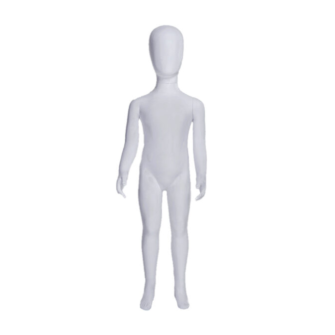 The Palmer 4YO Plastic Matte White Child Mannequin stands upright with a smooth, matte finish. Its arms are slightly bent and its legs remain straight, positioned against a plain white background.