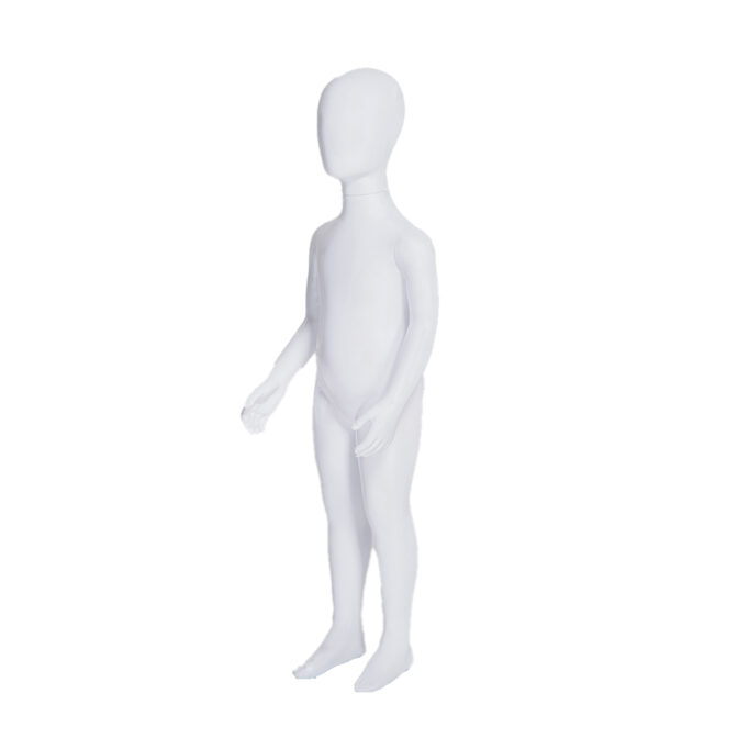 A Palmer 4YO Plastic Matte White Child Mannequin stands upright with arms slightly bent and legs together. This minimalistic figure, featuring no facial details or clothing, is elegantly displayed against a plain white background.