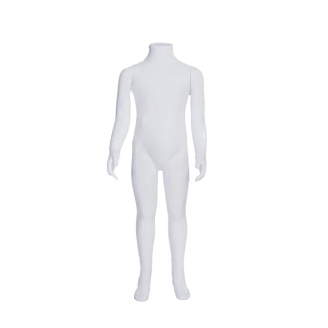 A Palmer 4YO Plastic Matte White Child Mannequin showcases a full-body white bodysuit featuring long sleeves, a high neck, and integrated foot coverings. It is set against a simple white backdrop to emphasize its sleek design.