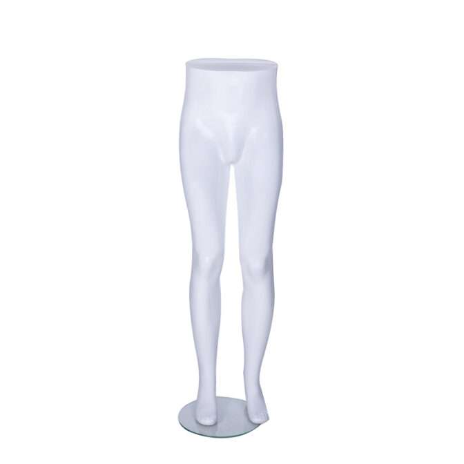 The Female Matte White Plastic Mannequin Legs consist of a mannequin base with plastic legs extending from the waist to the feet, featuring a circular clear stand. This design excludes an upper body and arms, making it ideal for showcasing lower garments such as pants or skirts.